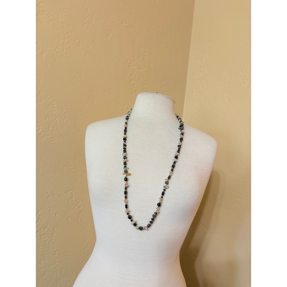 Vintage Mixed Gemstone Chip‎ and Hematite Beaded Long Opera Necklace Multi-Color